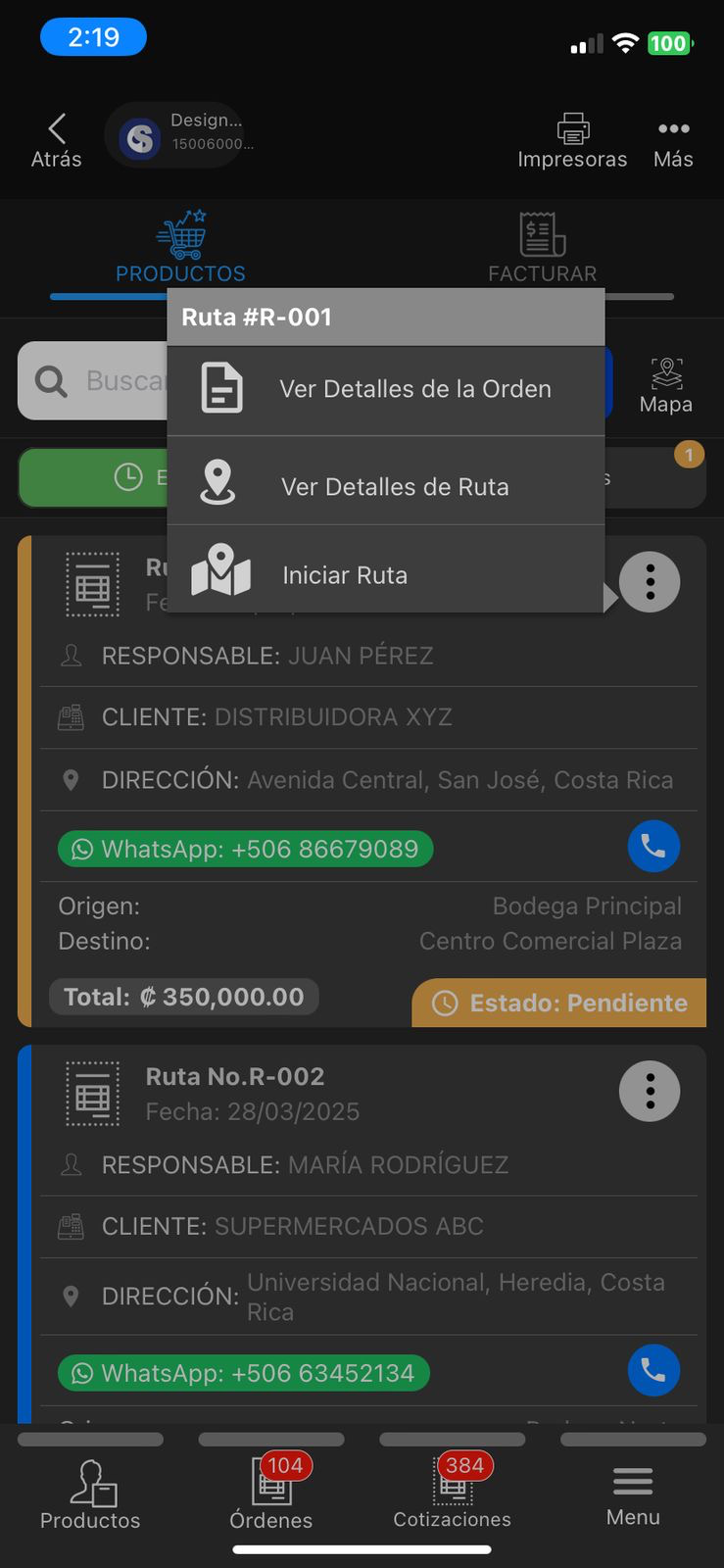 Información de rutas creadas